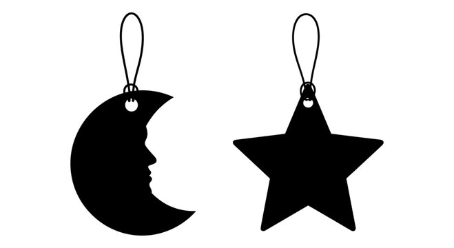 Black silhouette charms featuring a crescent moon and a star on silver hooks Vector, illustration