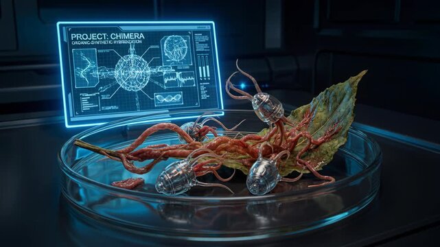 Green nano technology infused plant leaf biohybrid tendril neural implants laboratory petri dish merging botanical tissue with micro devices