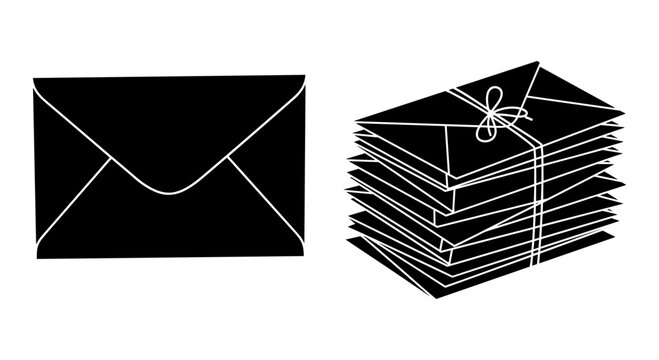 A stack of bound documents tied with ribbon next to a single black envelope. Vector, illustration