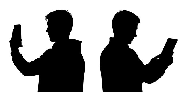 Two silhouettes taking selfies with smartphones in opposite directions. Vector, illustration