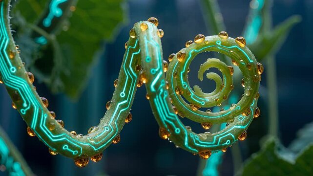Green nano technology vine and spiraling plant tendril with glowing circuit like patterns and dew droplets evoking organic futurism, sustainable