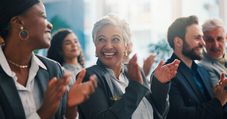 Obraz premium Seminar, laugh and applause with business people for celebration, congratulations or excited. Clap, convention or happy audience at workshop for achievement, success or funny joke in corporate office