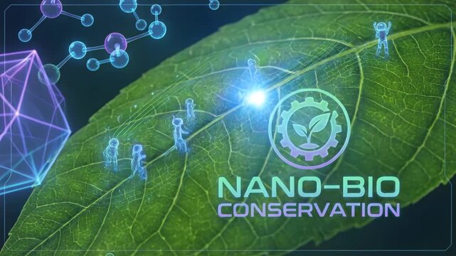 Green nano technology concept merges with leaf biology as microscopic robots and nanorobot researchers examine molecular structures microscope