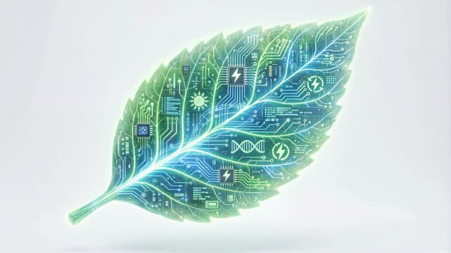 Green nano technology leaf with glowing circuit patterns and energy icons conveying sustainable innovation and eco friendly electronics and circuit