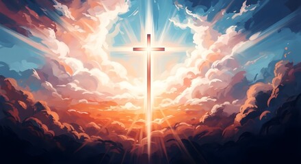 Heavenly cross in radiant sky with clouds