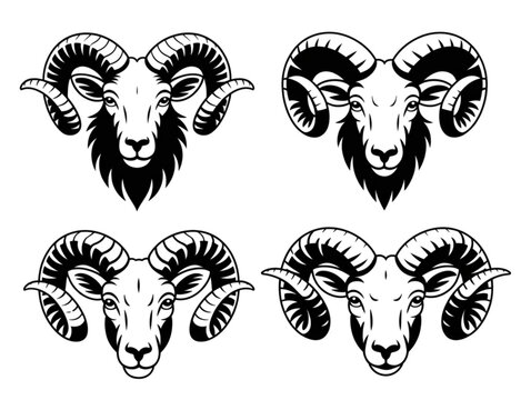 Black ram head silhouette vector set, for mountain animal icons, zodiac symbols, and wild sheep mascot elements