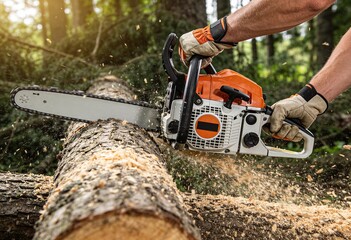 A person wearing work gloves operates a chainsaw, cutting through a wooden log in a sunny forest, generating a shower of wood chips.
