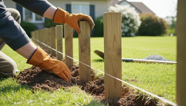 A person wearing work gloves is meticulously installing a new wooden fence in a well-maintained green yard, with a string line for perfect alignment.