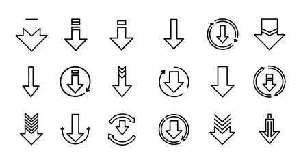 Collection of diverse downward arrow vector graphic icons for digital user interface and web design projects