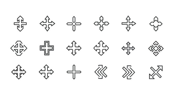 Collection of minimal outline vector icons representing various directional movement, resize, and expansion interface symbols