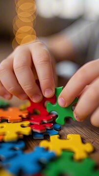 Close up of a child with Down syndrome playing with colorful wooden jigsaw puzzle pieces on a table, problem solving, fine motor skills, educational play.