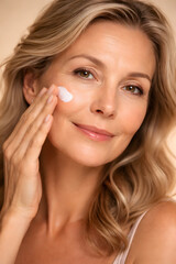 Fototapeta premium beauty close up of middle aged woman gently applying moisturizer to cheek