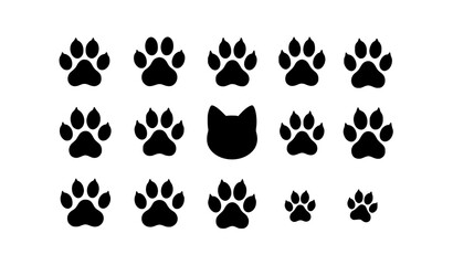 Fototapeta premium Dog and Cat Paw Print Flat Vector Icon Set Pet Footprint Silhouette Collection