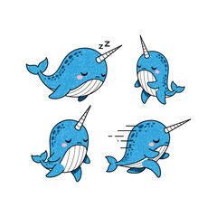 Cute cartoon narwhal in different poses and emotions on white background © ShilpiStock