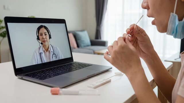Patient prepares diagnostic self test kit home during telemedicine medical consultation as clinician laptop guides nasal swab test with calm