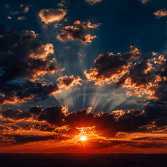 Fototapeta premium Dramatic Sunset with Golden Sun Rays Breaking Through Clouds