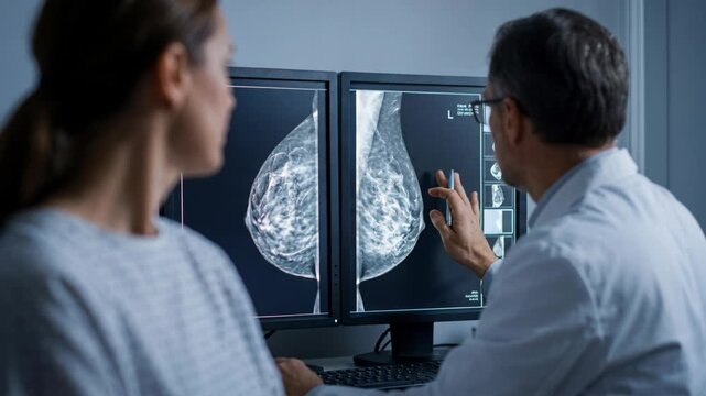 Radiologist reviews diagnostic mammogram breast imaging and sensor images with patient discussing screening mammography diagnostic findings next