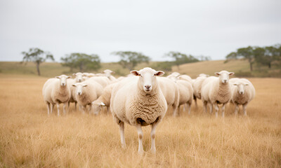 Obraz premium Herd Of White Sheep Grazing In A Golden Dry Field With Scattered Trees In The Background
