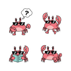 Cartoon crabs wearing sunglasses in various poses with thought bubble and book