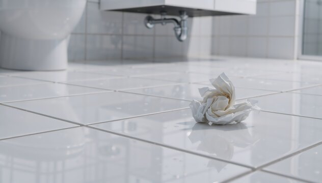 Crumpled used tissue on a white tiled bathroom floor. Discarded paper napkin in a restroom. Hygiene and cleaning concept