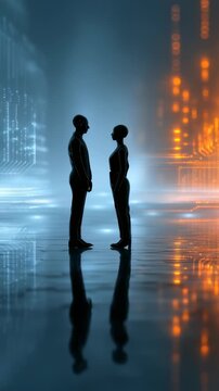 Silhouetted figures confront each other in high tech, cyber inspired setting with glowing circuitry patterns. Reflective floor, vibrant colors highlight digital interaction, innovation