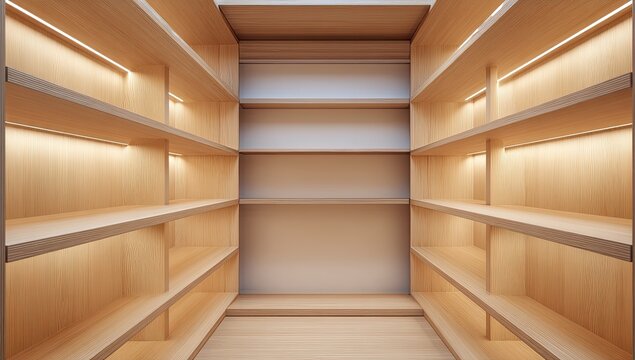 Empty Modern Walk-In Closet with Built-In Shelving and Lighting.