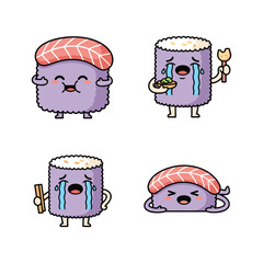 Cute cartoon sushi crying with different emotions and accessories on white background
