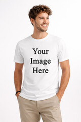Fototapeta premium Smiling man in a white t-shirt mockup with hands in pockets.
