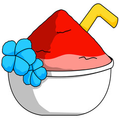 Sweet Red Shaved Ice Dessert with Flower Decoration