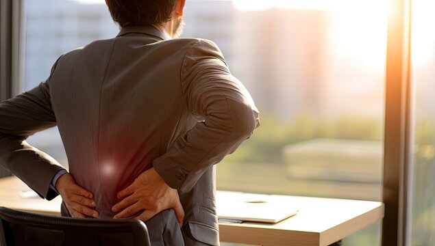 Man in Suit Experiencing Lower Back Pain While Sitting at Desk.