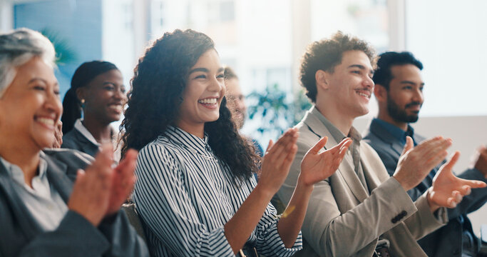 Seminar, smile and applause with business people for celebration, thank you and well done. Clap, conference and happy audience at workshop for achievement, excellence and success in corporate office