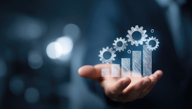 Business Growth and Success with Gears and Bar Chart Visualization.