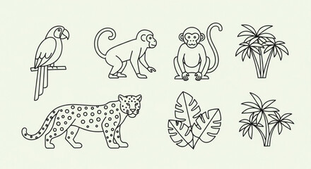 Tropical jungle wildlife icons set with monkey parrot leopard and palm trees © Usman