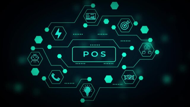 Cyan digital network schematic with interconnected hexagonal nodes and a central rectangular data display area on a dark blue abstract technological background with soft bokeh lights
