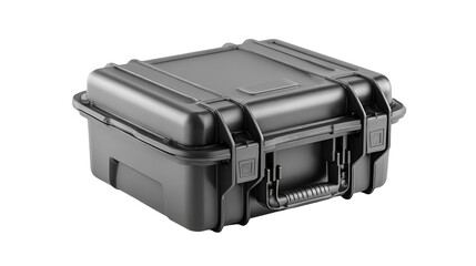 A rugged black hard case with a handle and wheels for easy transportation. isolated on transparent background