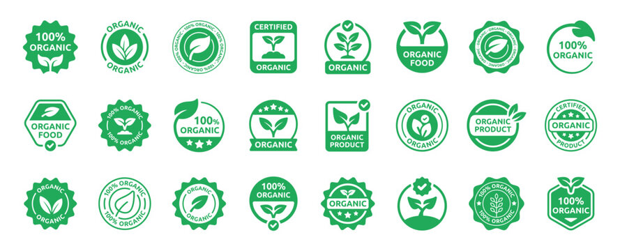 Organic Food, 100% Organic and Certified Organic Green Badge Icon Set