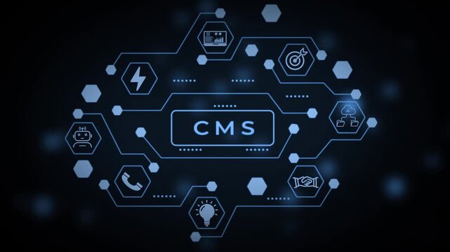 Bright blue digital network interface with interconnected hexagonal nodes and a central rectangular data display area on a dark background with glowing blue bokeh lights and subtle circuit patterns