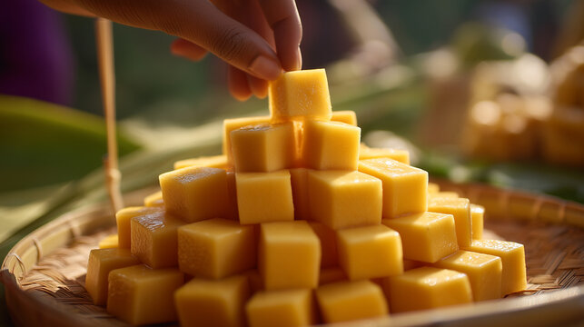 A vibrant mango festival in Zambales, Philippines, showcases a pyramid of fresh mangoes at a lively event.