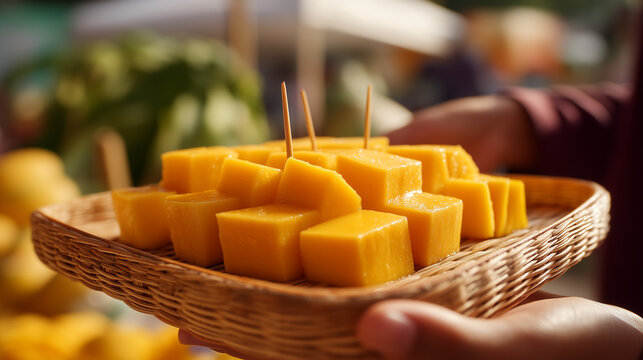 Vibrant mango cubes on a wicker tray at Zambales Mango Festival in Philippines