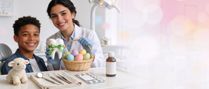 Pediatric dentist and young boy with tooth model and Easter basket. Dental clinic holiday visit with copy space. Healthcare and spring celebration banner