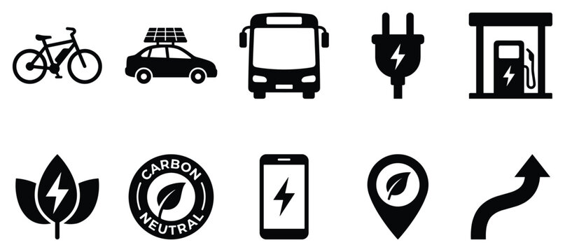 Eco friendly transportation icon set. Includes bicycle, car, bus, electric car charging, plug, smartphone, location, leaf, and arrow symbols. Created in black and white line style with minimal