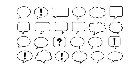 Black and white comic speech bubbles with exclamation marks and question marks  on white background 