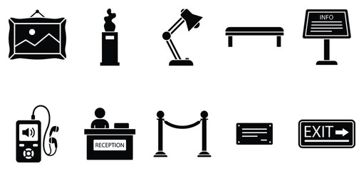 Office and workspace icon set. Includes desk, lamp, monitor, reception, ticket, rope barrier, exit sign, and intercom symbols. Created in simple line style with black and white palette © NoobCreaTion