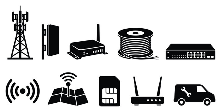Technology and communication icon set. Includes cell tower, router, cable, server, WiFi, satellite, SIM card, modem, and delivery truck symbols. Created in solid style with black and white