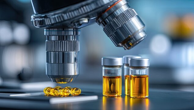 Microscope Examines Pharmaceutical Capsules and Vials in Laboratory Setting.