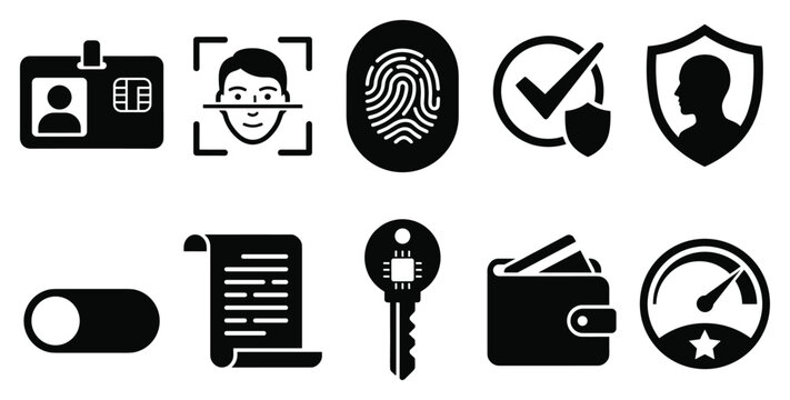 Security and identity verification icons set including id card, fingerprint, shield, and key for protection and authentication purposes online.