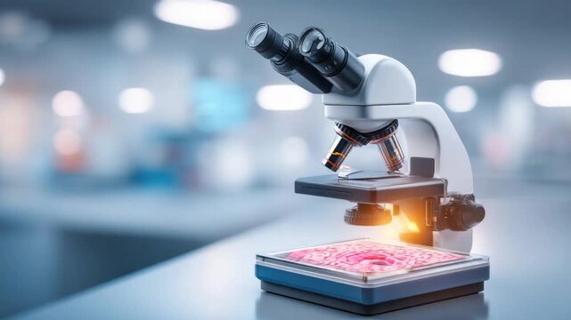 Close up of a microscope with bright illumination and laboratory background