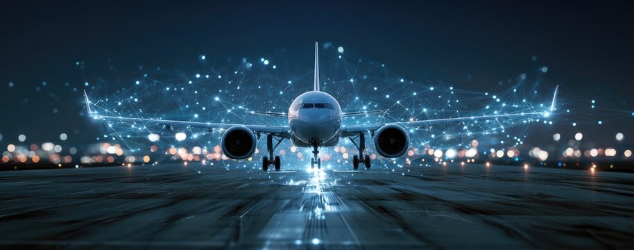 Modern Airplane on Runway at Night with Digital Network Overlay.