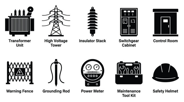 Electrical equipment icon collection. Includes transformer unit, high voltage tower, insulator stack, switchgear cabinet, control room, warning fence, grounding rod, power meter