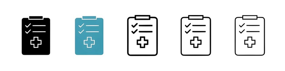 Obraz premium Medical Clipboard Checklist Icon Set Showing Health Form, Checkmarks and First Aid Cross for Healthcare Use. Thin line customizable illustration. Contour symbol. Vector isolated outline drawing